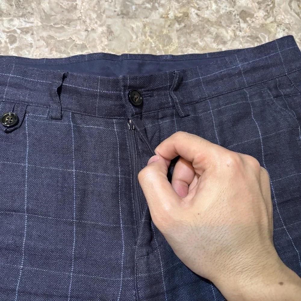 Murano Baird McNutt 100% Linen Pants Mens 30x30 Slim Fit Blue Windowpane Beach